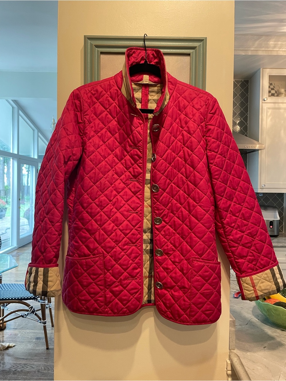 Quilted Magenta Burberry Coat Plaid Trim